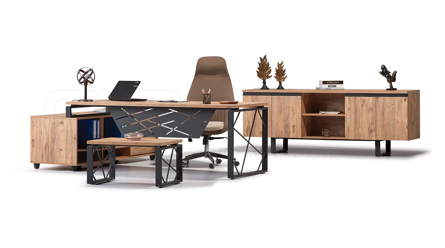 Minimalistic manager office, gray walls side view GM026--102 Ofis Mobilya Takımı - Görsel 1