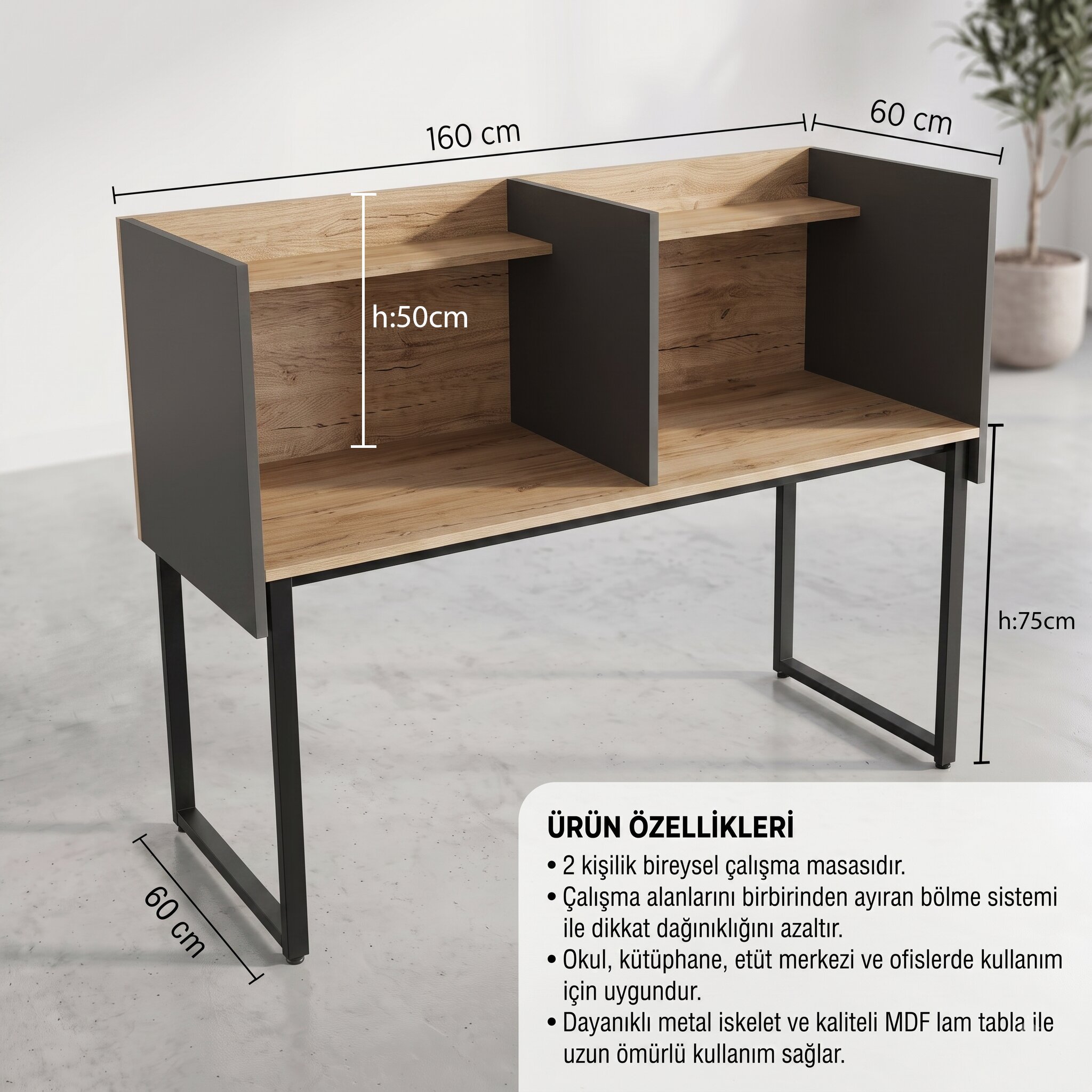 GM040-202-1-1 GM040-202 Çift Kişilik Modüler Çalışma Masası – Bölmeli Etüt ve Öğrenci Masası - Görsel 1